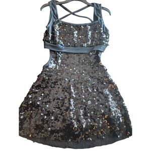 Black Sequin Crisscross Back Sleeveless Party Dress With Shiny Overlay & Built-I